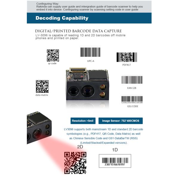 1D 2D Mini Barcode Scanner Module TTL232 USB RS232 752×480 CMOS Red LED 625nm