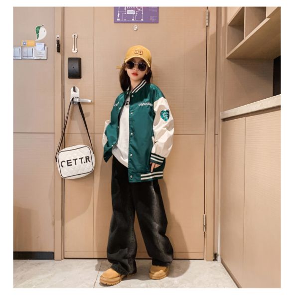 Spring Autumn Girls Printed Patchwork Baseball Jacket Windproof
