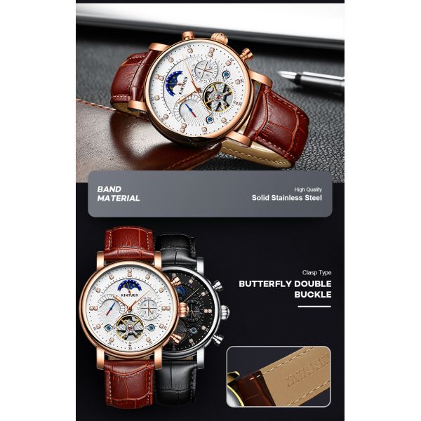 Automatic Mechanical Watch Leather Moon Phase With Diamond Crystal Mechanical Watch For Men