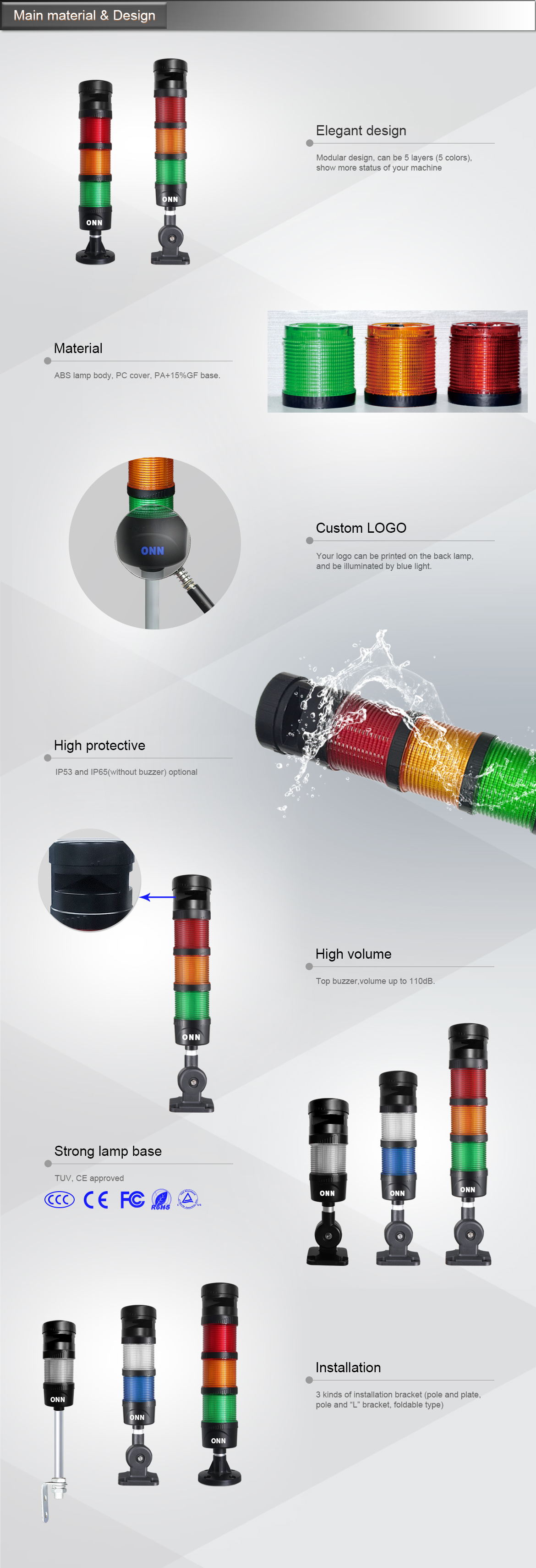 Industrial ONN-M4 Multi Layer Stack IP40 Rated PC LED Warning Light High Decibel Buzzer Alarm Machinery Safety Indicator