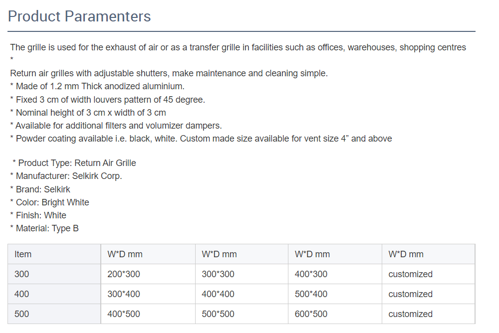 Ventilation Aluminum Clean Room Return Air Grille Modern