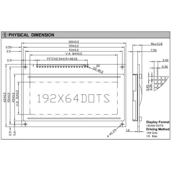 192*64 graphic LCD Module STN wide view AT0107 with backlight industrial play