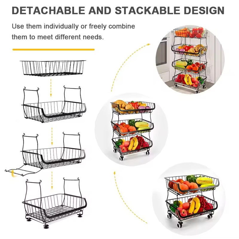 Wholesale 4 Tier Stackable Metal Wire Basket Storage Rack with Rolling Wheels Fruit Vegetable Organize Rack for Kitchen