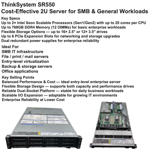 Lenovo Thinksystem SR550 2U Rack Server with Xeon Processor, Flexible Storage Design, and 12x3.5" Backplane