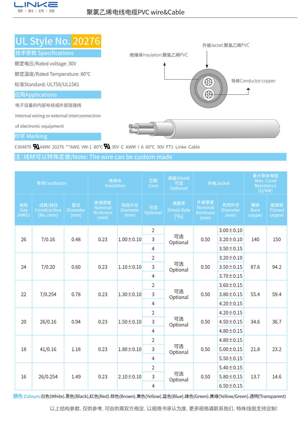 UL20276 Round Wire Hook Up Jacket Computer Multicore Power Cable with 83*83*58CM Size