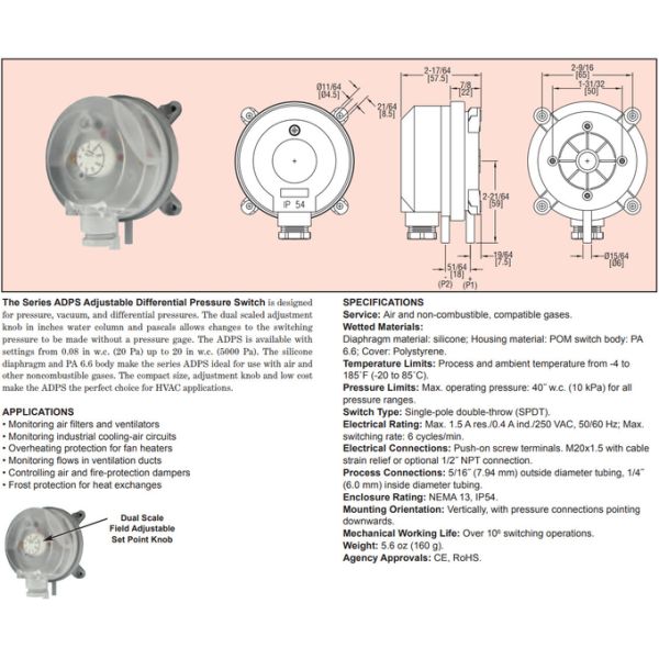 Dwyer ADPS-03-2-N Adjustable Differential Pressure Switch