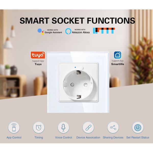 WiFi Smart Plug Wall Socket with Voice Control IFTTT Automation and PC V0 Fire Retardant Glass Panel