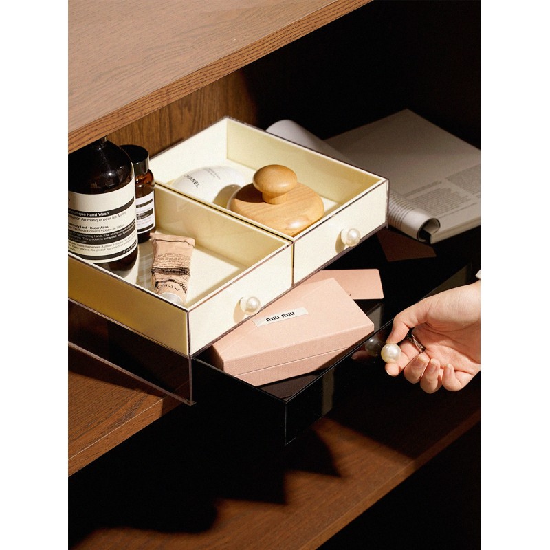 High-End Luxury Stackable Rectangular Pearl Drawer Box Desktop Acrylic Dustproof Storage Box for Jewelry Lipstick Cosmetics