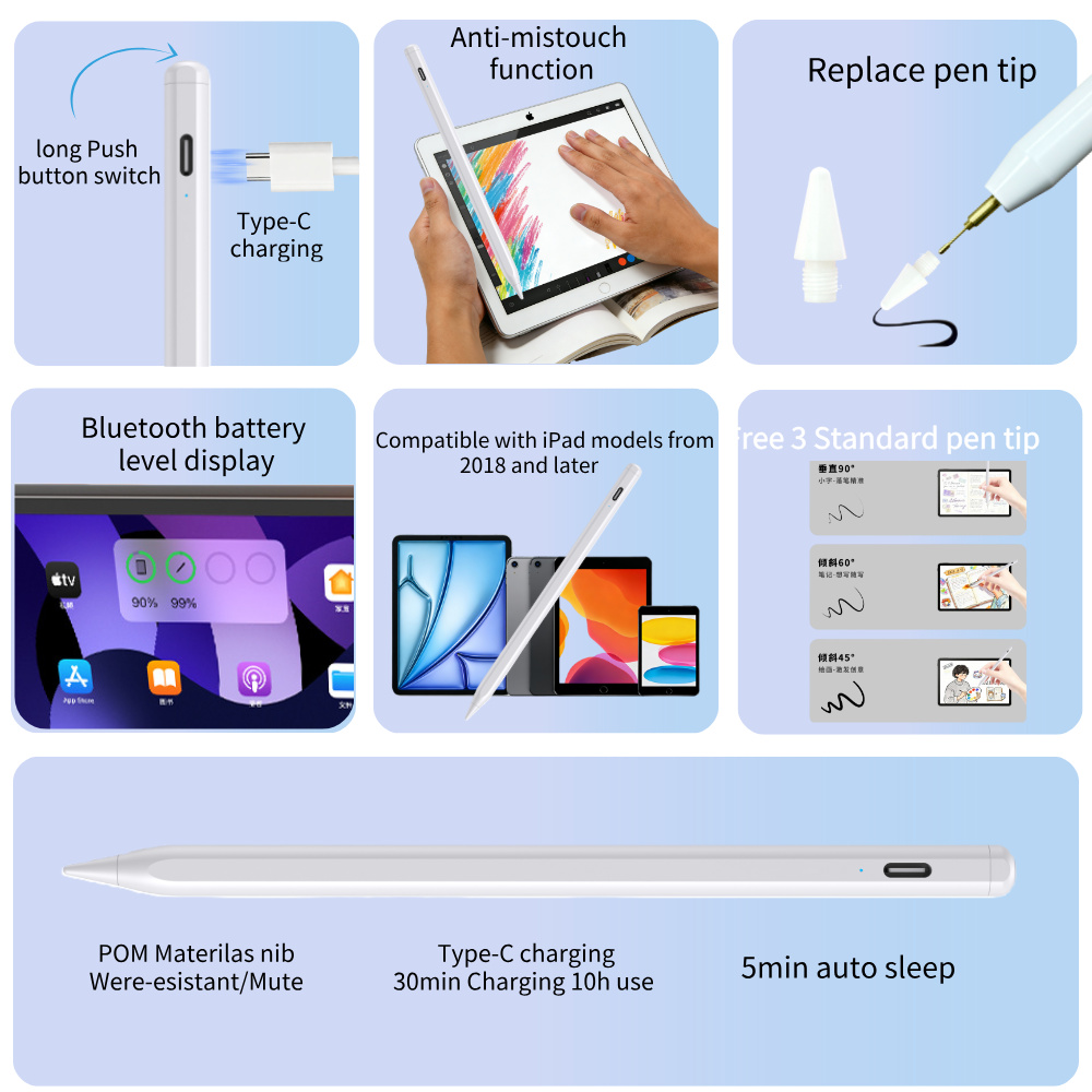 Bluetooth Connection App DIY Function Active Stylus Capacitive Pen 2nd Gen Pencil for Ipad