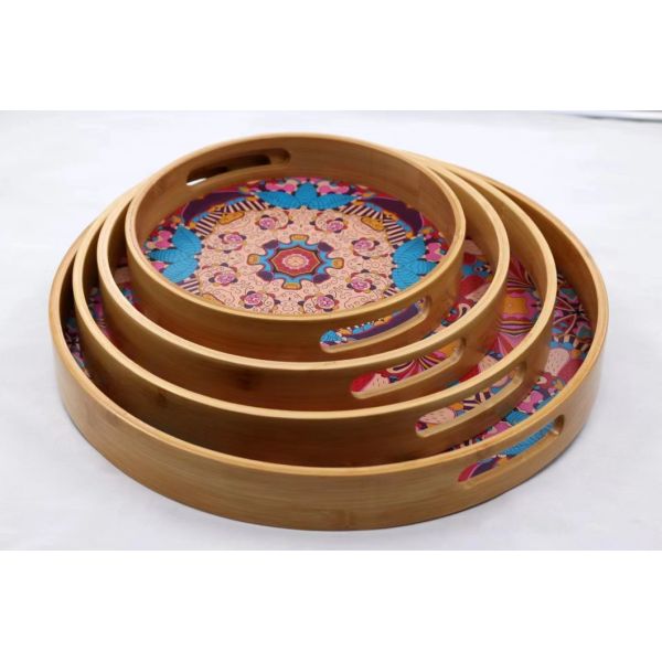 Initial Payment Natural Custom Logo Kitchen Serving Dessert Reusable Round Bamboo Tray