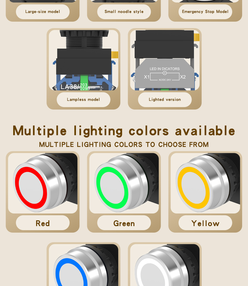 LA38 emergency stop button switch with light, self-locking and self-reset, ring light, 10A high-current power emergency stop button