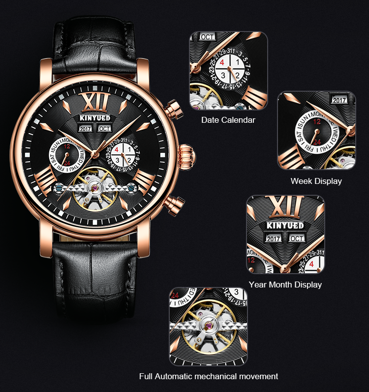KINYUED J017-2 Silver Case Leather Strap Complete Calendar Skeleton Automatic Mechanical Wristwatches relogio masculin