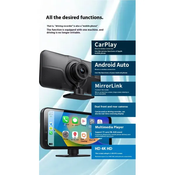 6.25 Inch Bluetooth Wireless Carplay Dashcam High Definition Recording