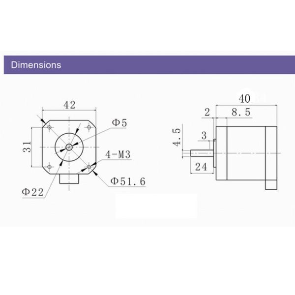 0.3N.m NEMA17 0.9° Step angle 2 Phase Stepper Motor 0.24kg CE
