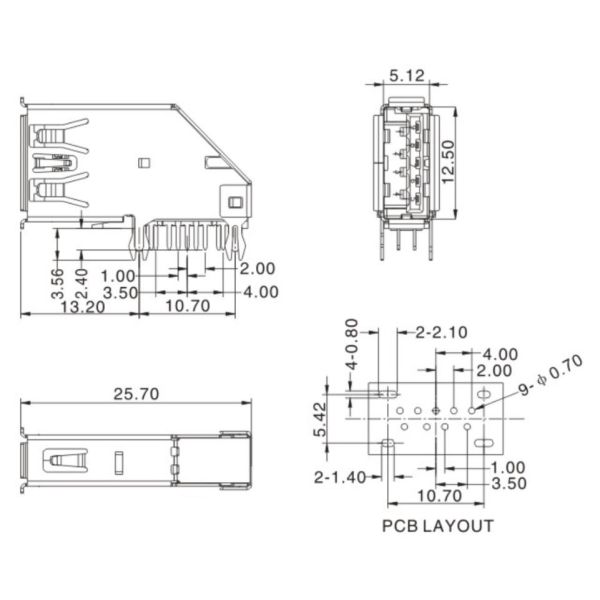 DIP Usb 3.0 A Type Connector Side Insert 90 Degree ROHS Approved