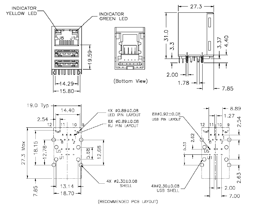 LED RJ45 Modular Jack Dual USB Combo For 10 / 100 / 1000 Base - TX Saving PCB Space