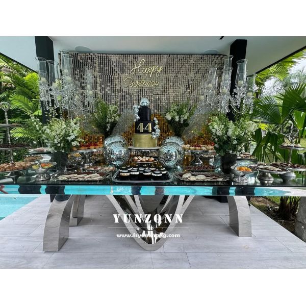Modern Style Rectangle Dining Table Optional Stainless Steel Frame Silver/Gold/Golden Rose Gold Finish for Outdoor Hotel Use