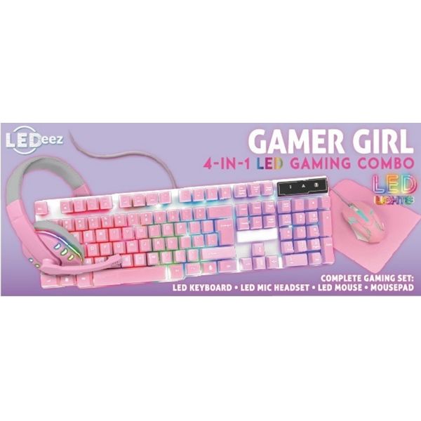 Compact Lightweight All-pink Gaming Keyboard With Static Rainbow Backlight Plus Matching Pink Headphones Mouse And Mouse Pa.