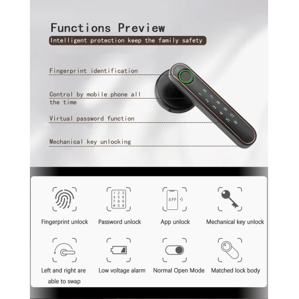 Keyless Electronic Smart Door Lock With Fingeprint Keyboard APP Mechanical Key