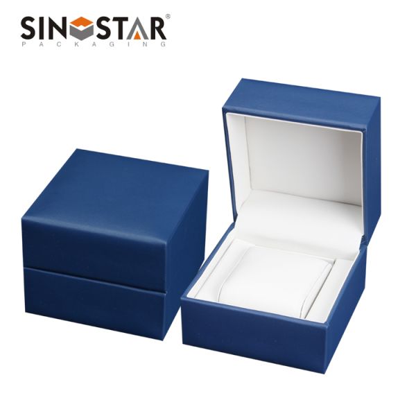 High Grade Plastic Single Watch Box Dark Blue Internal White PU Material