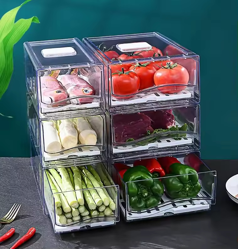 Practical Drawer Style Stackable Transparent Food Storage Container for Refrigerator Kitchen Pantry