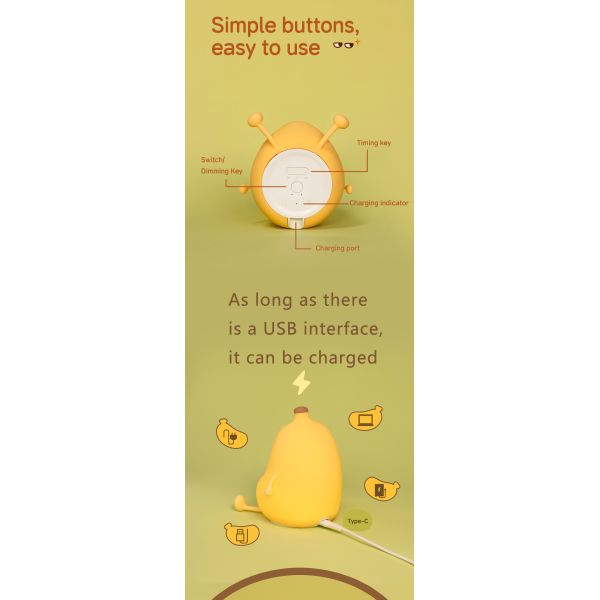 Timer and Dimmable Function Banana Night Light for Kids Bedroom DC 5V 1A Input Voltage