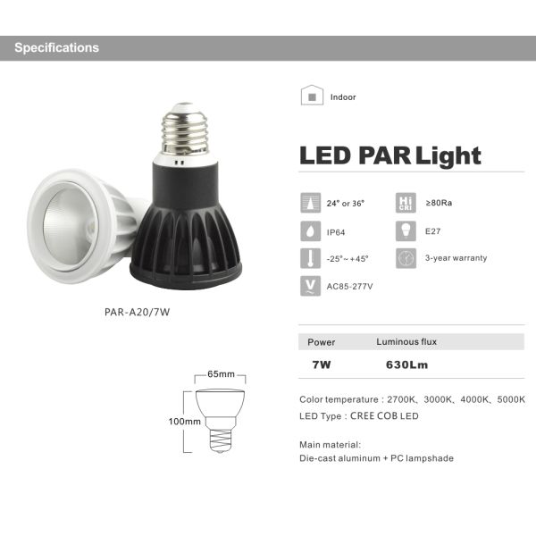7W LED Par20 light CREE LED Bulbs Beam angle 24 or 36 degree E27 base Spotlight