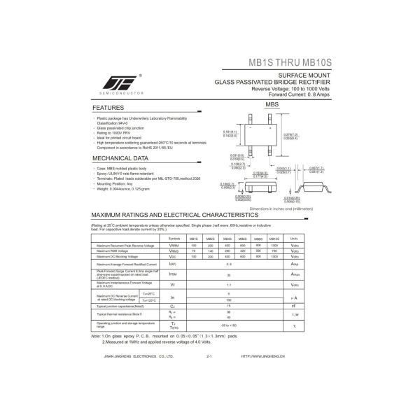MB1S THRU MB10S SILICON BRIDGE RECTIFIER DIODE WITH MBS PACKAGE FOR GLASS PASSIVATION