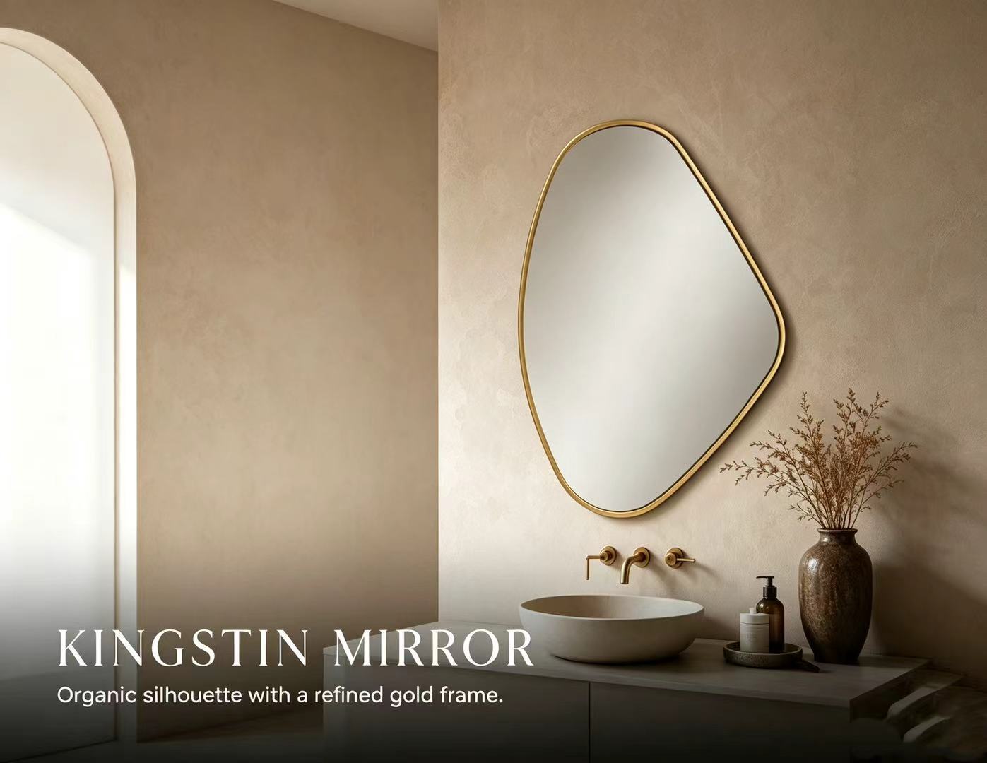 Kingstin Custom Irregular LED Bathroom Mirror, Asymmetrical Backlit Vanity Mirror, Gold Frame Pebble Wall Mirror