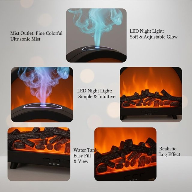 New 200ml Electric Humidifier Fireplace Flame Aromatherapy Diffuser Machine with 12-Color Changing Night Light with Remote for Home Use