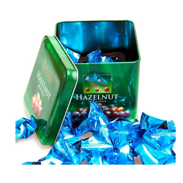 Hazelnut Tin Chocolate Selection Box CYMK Printed Square Looking Alfredo
