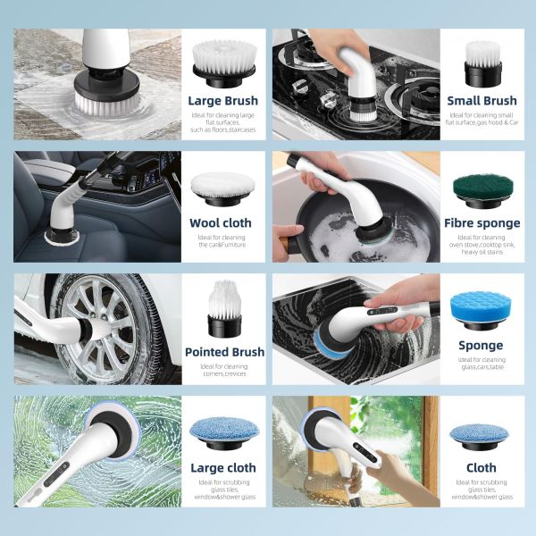 9 Replaceable Brush Heads Electric Spin Scrubber with Adjustable Detachable Handle