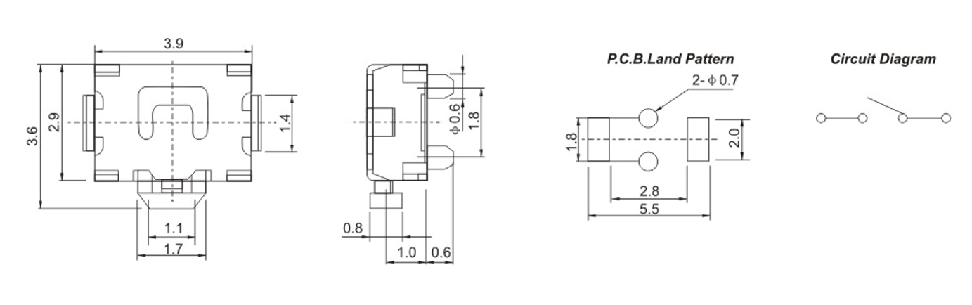Small Turtle Side Press 3.9x3.6 Push Button Tact Switch 2 Pin