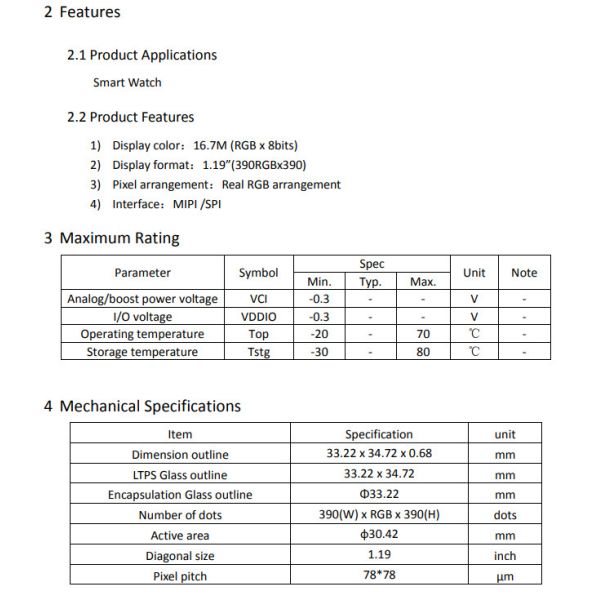 1.19" Round OLED (AMOLED) Display, 390×390 Resolution, Low Power Consumption, MIPI/SPI Interfaces