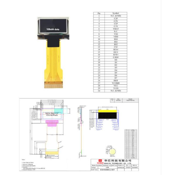 0.96 Inch PMOLED Display Module, 128x64, I2C SPI Interface, Blue Yellow Oled Display