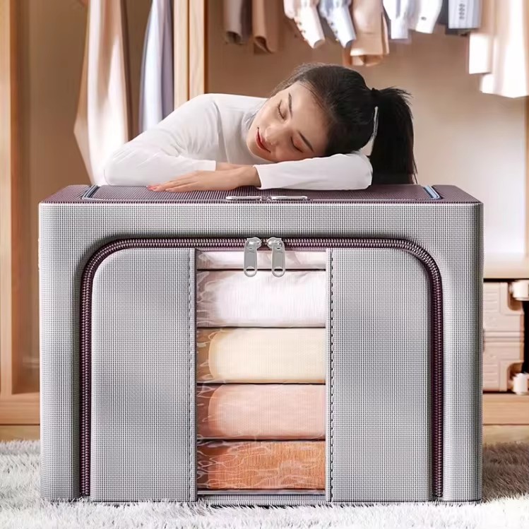 Wholesale Custom Large Capacity Foldable Bedding Storage Box Stackable Steel Frame Fabric Storage Box