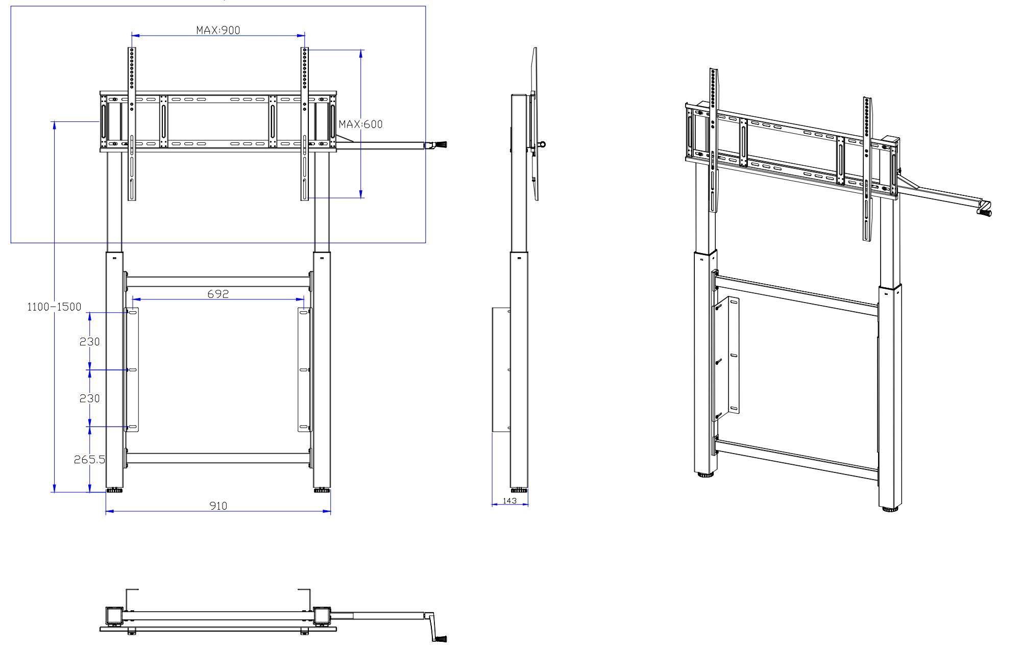 Wall Mounted Hand Lifting Adjustable Interactive Whiteboard Stand Trolley For 65 Inch 75 Inch Tv Smart Monitors