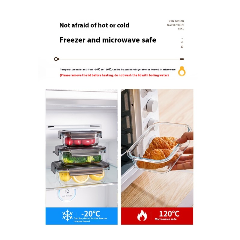 Custom Rectangular Microwave Safe Lunch Box Heat-Resistant Glass Crisper with Plastic Lid for Food