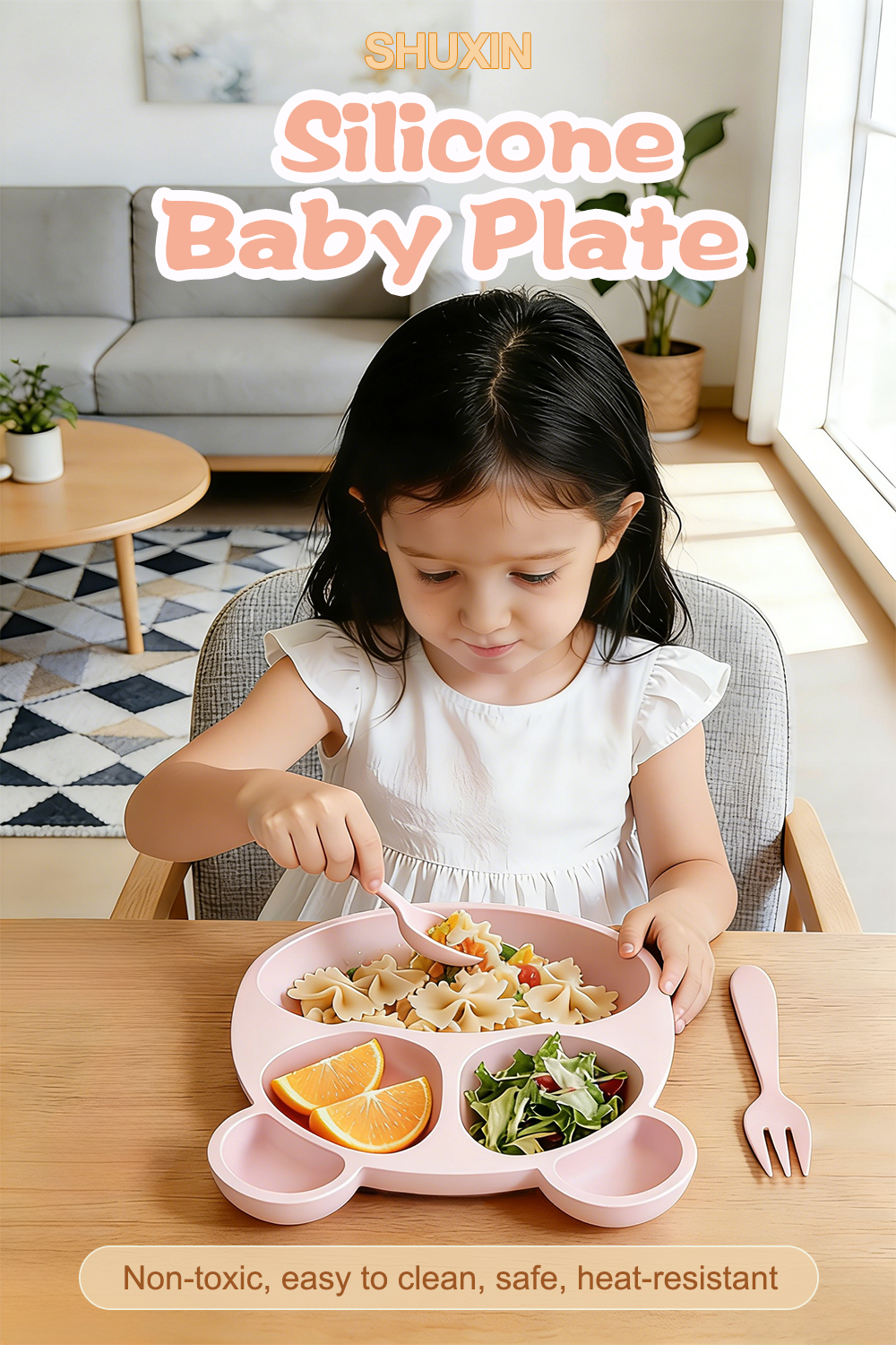 Baby Feeding Set Multi Compartment Silicone Kids Dining Plate Cartoon Bear Design Fork Spoon Non Toxic Heat Resistant Dishwasher Safe