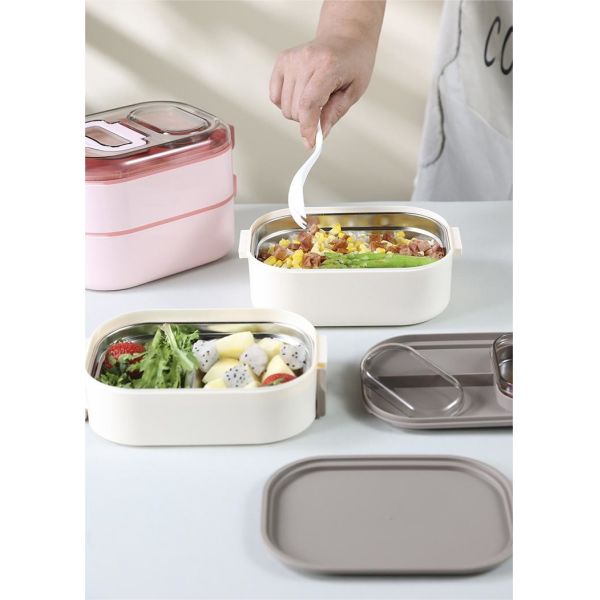 Food-Grade PP Plastic And Stainless Steel Bento Box Stackable Leak-Proof Double Layer
