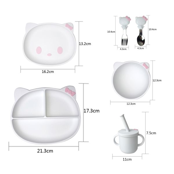 6pcs Silicone Baby Feeding Set Kitten Shape BPA Free Suction Bowls And Plates
