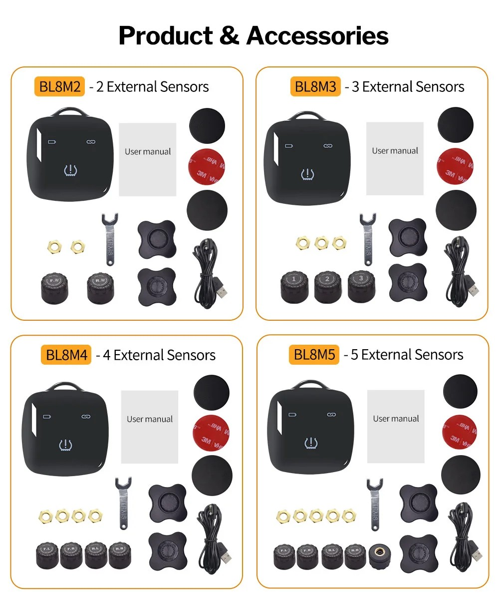 Car BL8 Wireless External TPMS Sensor with Chargeable Receiver Kechain and Mobile APP Compatible with Android & IOS