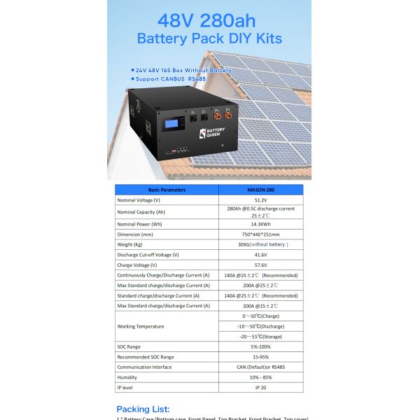 51.2V 280AH LiFePO4 Battery Box Solar Energy System DIY Kit Custom Stackable Unit for Home Energy Storage