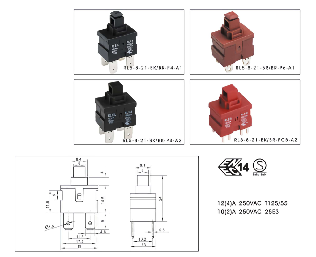 Black Cap Push Button Switch 12A 250VAC Single Pole PCB Terminal