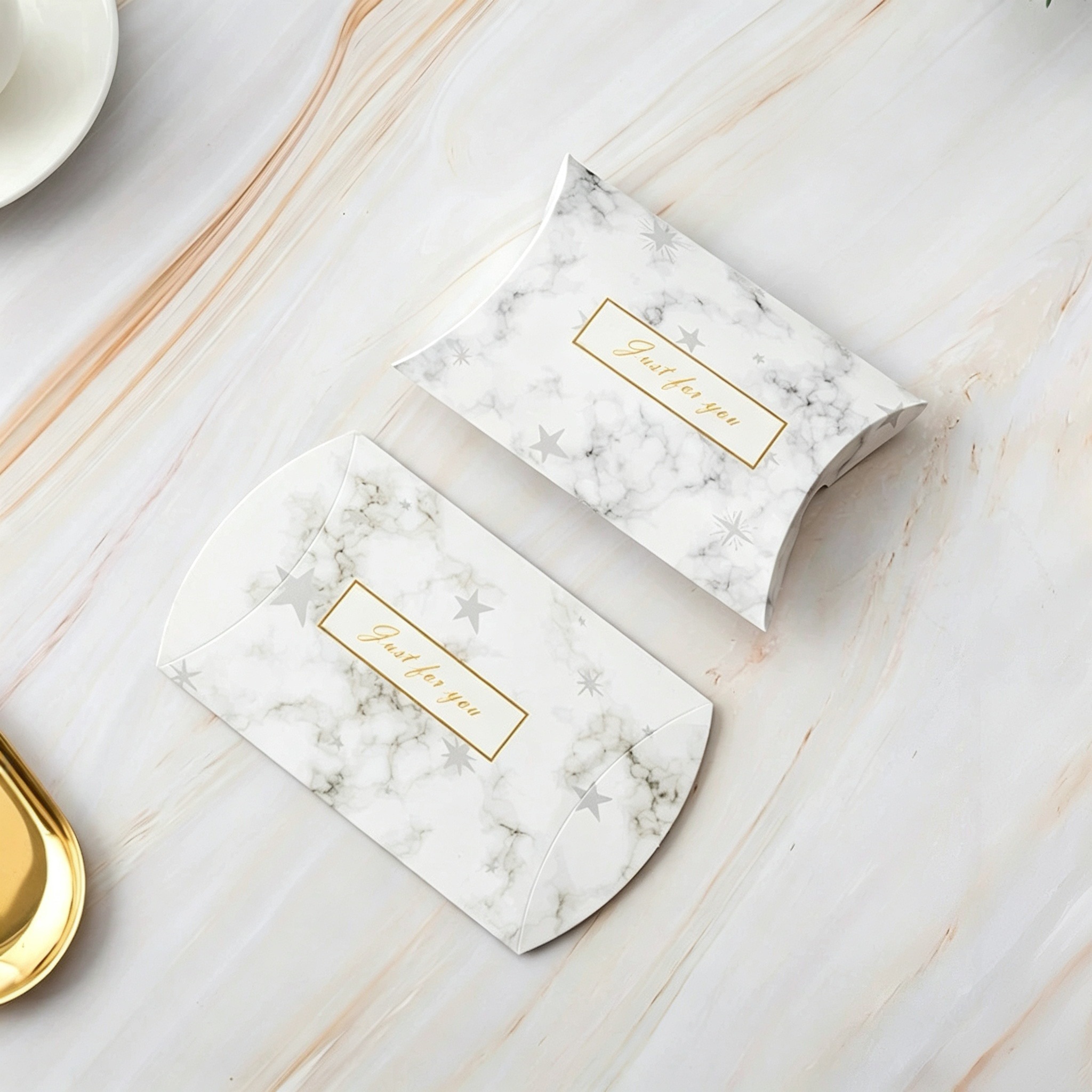 Paper Pillow Boxes Foil Stamped Foldable Packaging for Gift Candy