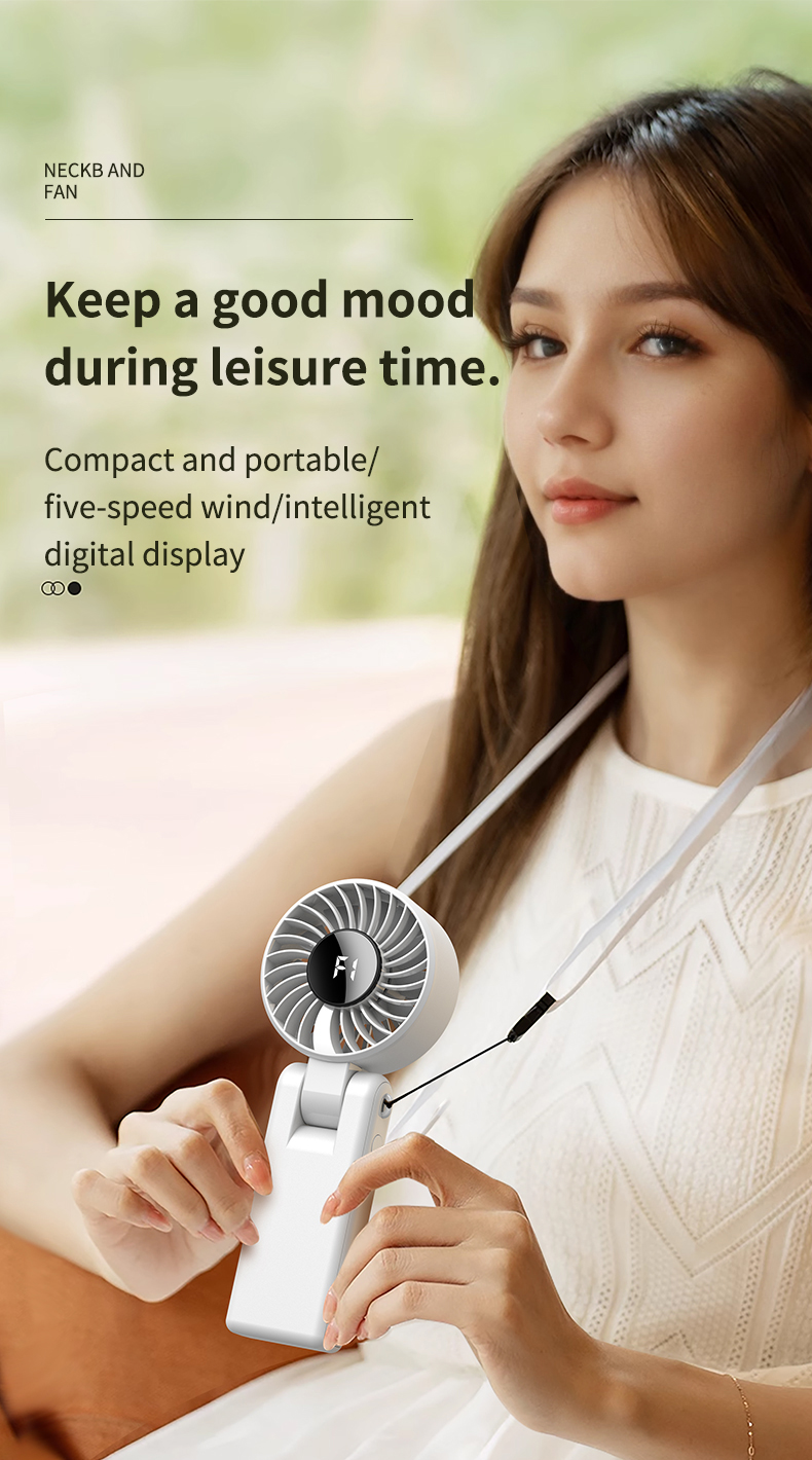 FUSMLI Portable Foldable Handheld Neck Fan Visual Digital Battery Display Stylish Color Combinations Effortless Cooling Anywhere