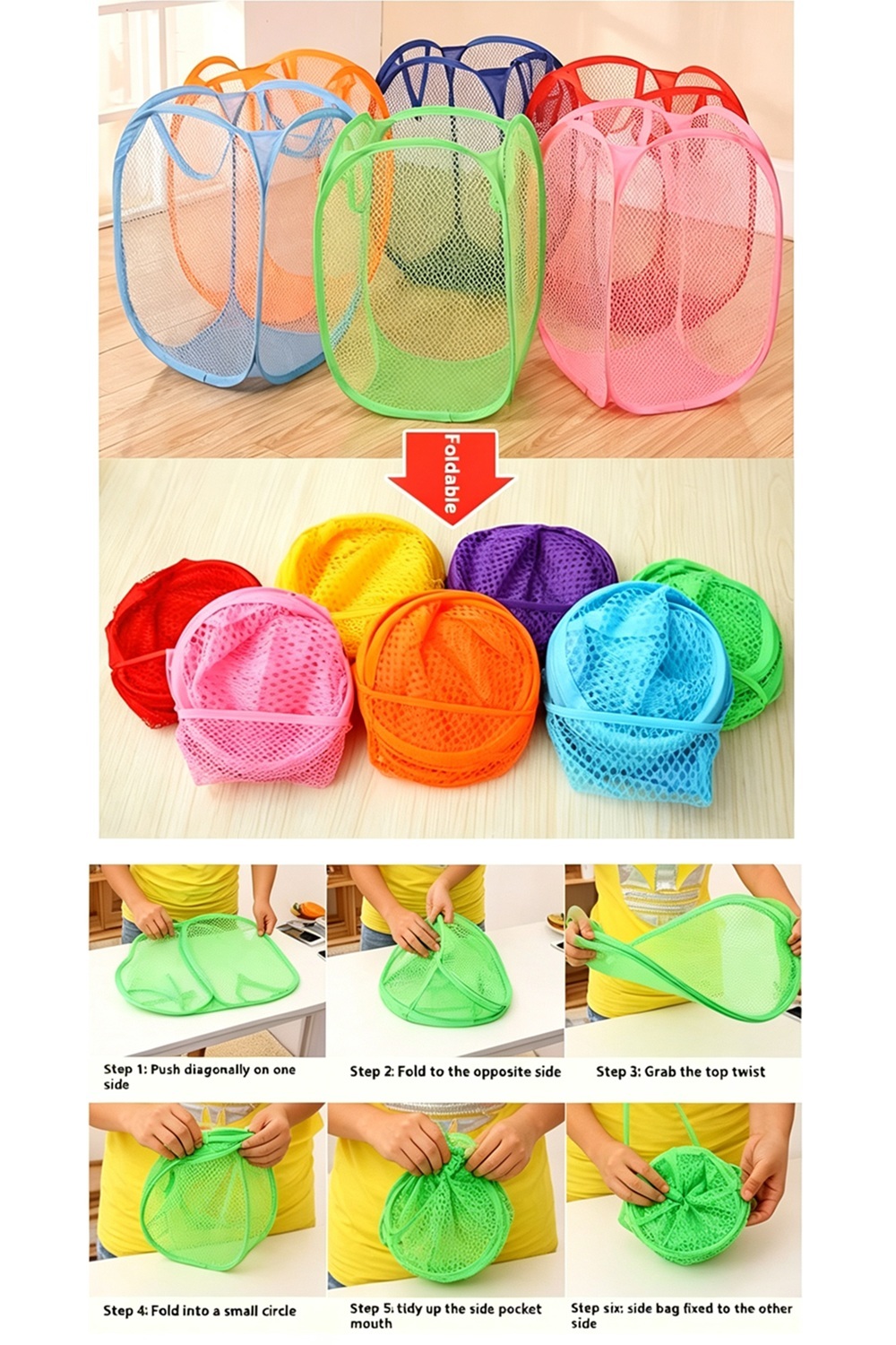 Collapsible Mesh Laundry Baskets Foldable Clothes Storage Hamper with Side Pocket