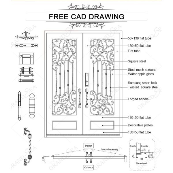 Modern Screen Main Entry Rod House Storm Security Black Single Double Modern Wrought Cost Iron Front Doors