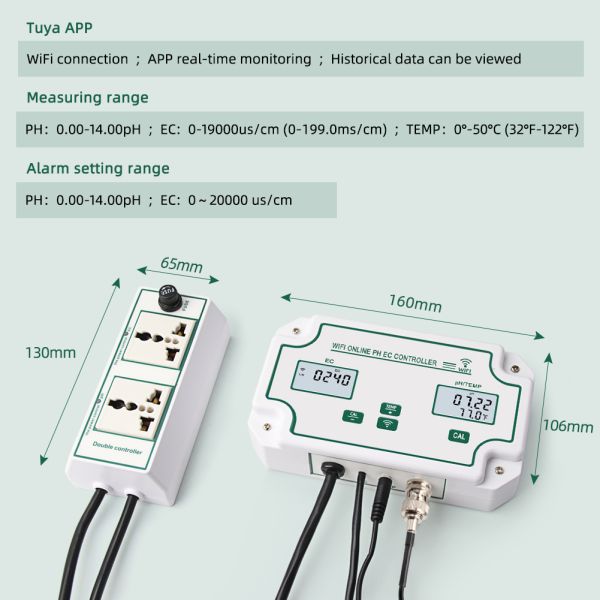 Tuya Wifi Online EC Monitoring Controller ph Meter With Data Logger Function Hydroponic Water Quality Monitoring Tester