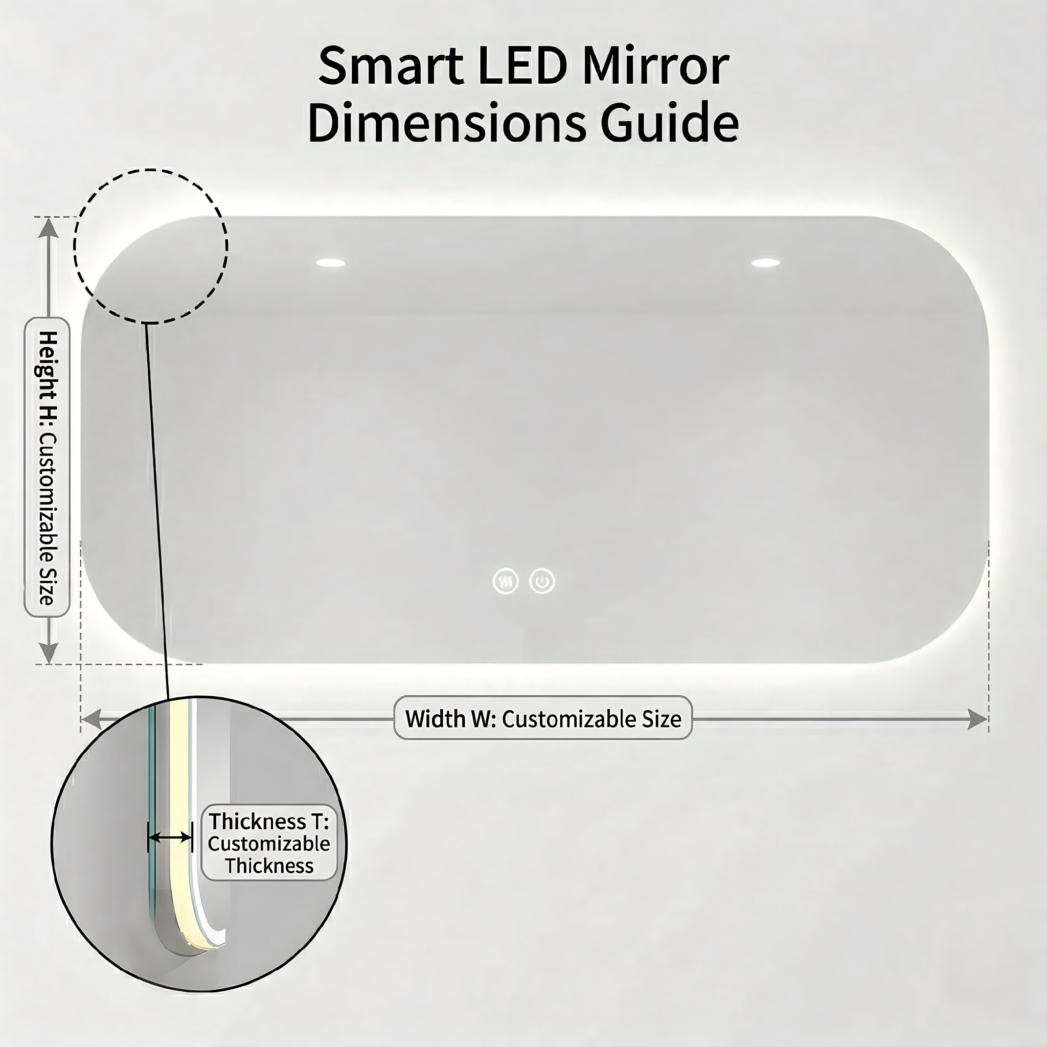 Kingstin Panoramic Frameless Smart LED Bathroom Mirror - Rounded Backlit Vanity Mirror with Defogger & Time Display